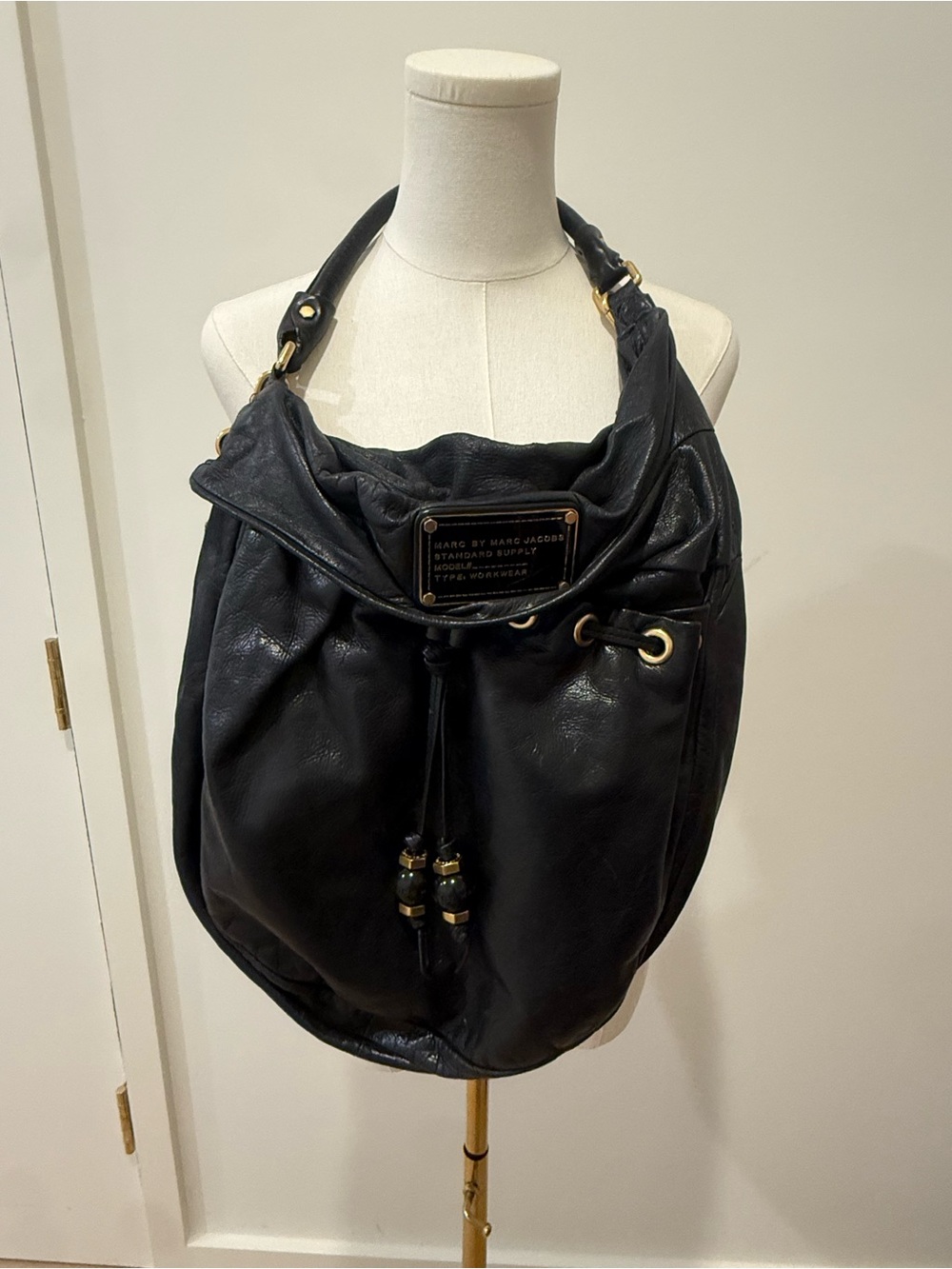 Marc By Marc Jacobs Black Leather Shoulder Hobo with Metallic Gold Strap